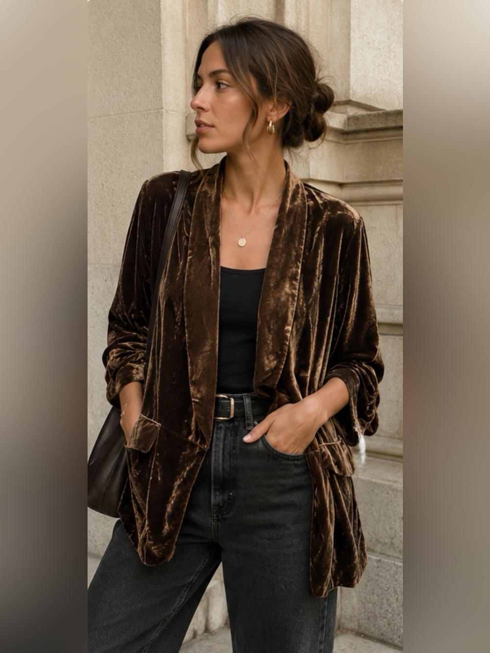 Go Silk Chocolate Velvet Jacket Women’s XS Open Front Moody Luxe Duster Kimono